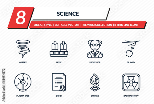 science icons set - vortex, nixie, professor, gravity, radioactivity outline vector collection.