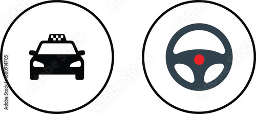 Taxi car and steering wheel icon set isolated on white background vector illustration for transportation driving service design