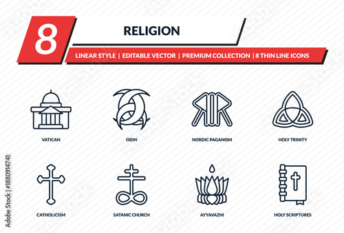 religion icons set - vatican, odin, nordic paganism, holy trinity, holy scriptures outline vector collection.