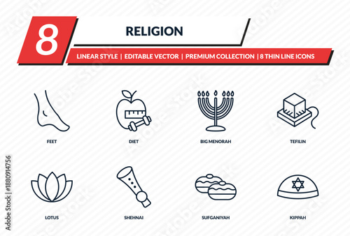 religion icons set - feet, diet, big menorah, tefilin, kippah outline vector collection.