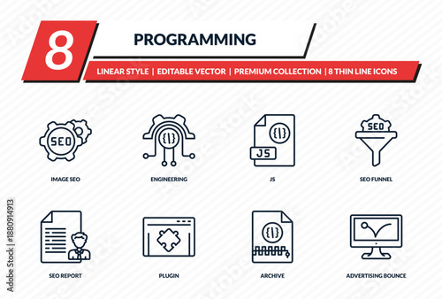 programming icons set - image seo, engineering, js, seo funnel, advertising bounce outline vector collection.