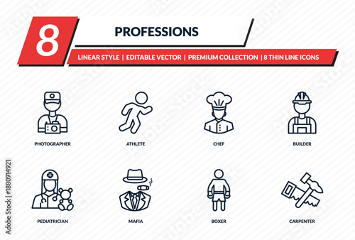 professions icons set - photographer, athlete, chef, builder, carpenter outline vector collection.