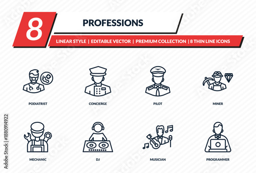 professions icons set - podiatrist, concierge, pilot, miner, programmer outline vector collection.