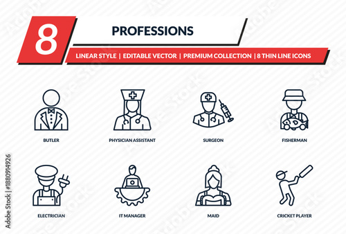 professions icons set - butler, physician assistant, surgeon, fisherman, cricket player outline vector collection.