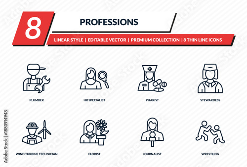 professions icons set - plumber, hr specialist, pharist, stewardess, wrestling outline vector collection.