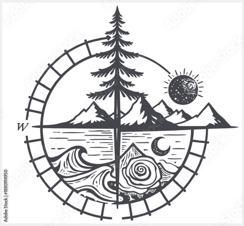 Nature elements divided into four quadrants with tree mountains sun moon and waves