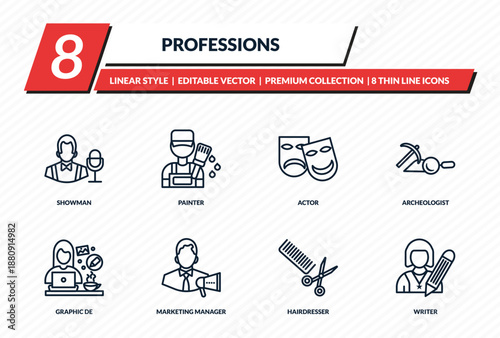 professions icons set - showman, painter, actor, archeologist, writer outline vector collection.