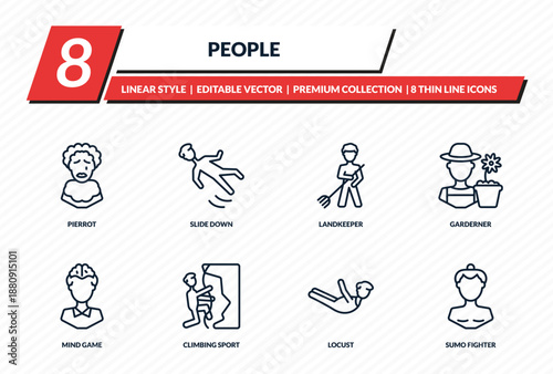 people icons set - pierrot, slide down, landkeeper, garderner, sumo fighter outline vector collection.