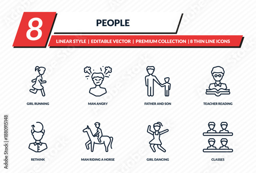people icons set - girl running, man angry, father and son, teacher reading, classes outline vector collection.
