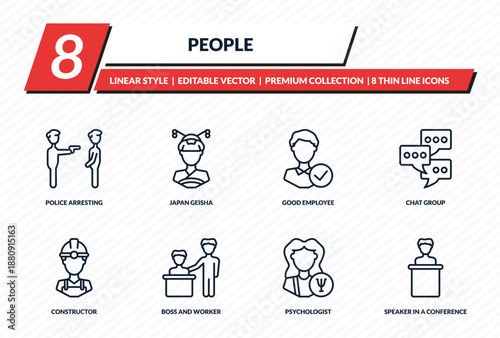 people icons set - police arresting man, japan geisha, good employee, chat group, speaker in a conference outline vector collection.