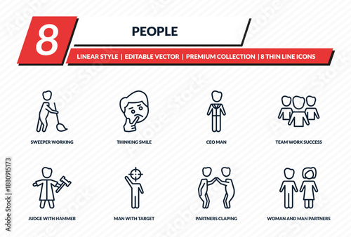 people icons set - sweeper working, thinking smile, ceo man, team work success, woman and man partners outline vector collection.