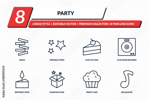 party icons set - jenga, sprinkle stars, slice of cake, dj playing records, big quaver outline vector collection.