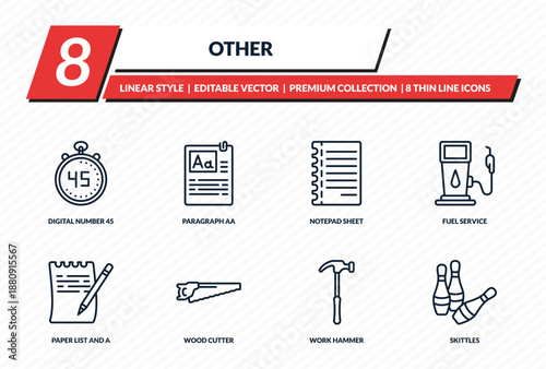 other icons set - digital number 45, paragraph aa, notepad sheet, fuel service, skittles outline vector collection.