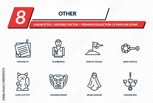 other icons set - two post it, plumbering, king of the hill, baby's rattle, chandeliers outline vector collection.