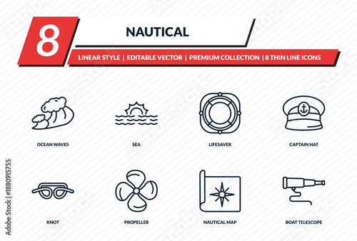 nautical icons set - ocean waves, sea, lifesaver, captain hat, boat telescope outline vector collection.