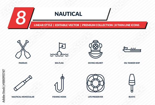nautical icons set - paddles, sea flag, diving helmet, oil tanker ship, buoys outline vector collection.