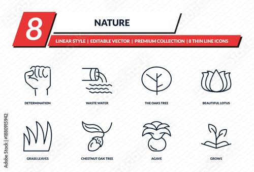 nature icons set - determination, waste water, the oaks tree, beautiful lotus flower, grows outline vector collection.