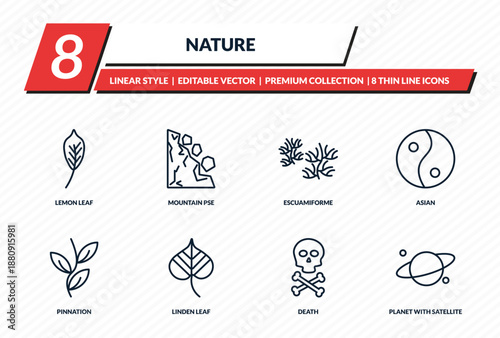 nature icons set - lemon leaf, mountain pse, escuamiforme, asian, planet with satellite outline vector collection.