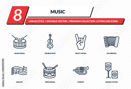 music icons set - snare drum, double bass, heavy metal, accordion, sound system outline vector collection.