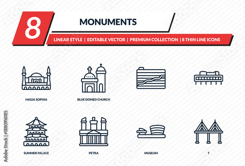 monuments icons set - hagia sophia, blue domed church, , t outline vector
