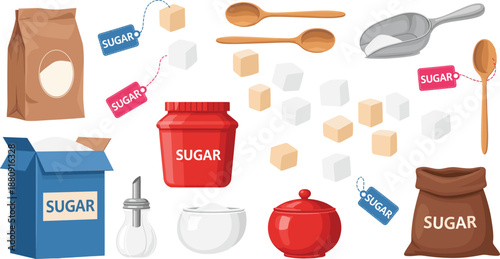 Sugar Packaging and Sweetener Icon Set with Cubes, Containers, Spoons, Jars, Bags, Boxes, and Kitchen Ingredients Vector Illustrations