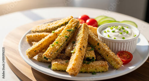 Crispy zucchini fries, plated with fresh cherry tomatoes, cucumber slices, and a creamy dip, a mouthwatering composition.