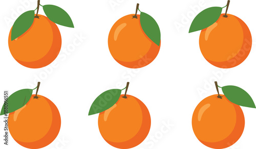 Fresh Orange Fruit Illustration Set with Whole Citrus Oranges and Green Leaves for Food Design, Nutrition Concepts, Packaging, and Healthy Lifestyle Graphics