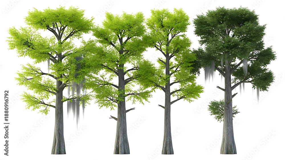 Fototapeta premium diverse bald cypress trees with green foliage and spanish moss isolated for wetland habitat design and architectural visualization elements.