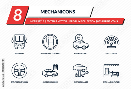 mechanicons icons set - bus front, driving gear controls, car with euro, fuel counter, car in a gas station outline vector collection.