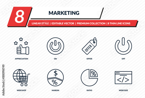 marketing icons set - appreciation, on, offer, off, webcode outline vector collection.