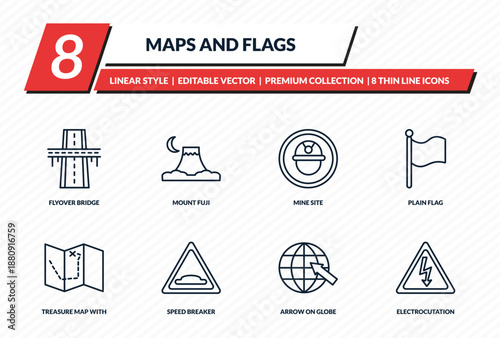 maps and flags icons set - flyover bridge, mount fuji, mine site, plain flag, electrocutation danger outline vector collection.