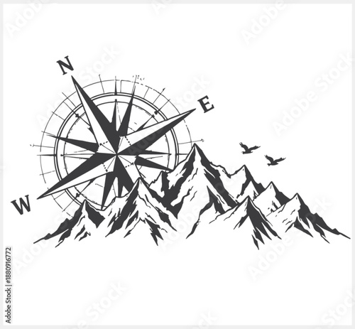 Compass and mountains with birds flying overhead in black and white