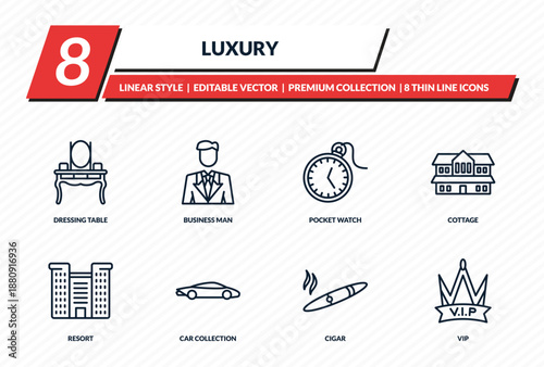 luxury icons set - dressing table, business man, pocket watch, cottage, vip outline vector collection.