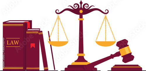 Law and Justice Icon Set with Legal Books, Balance Scale, and Judge Gavel for Court System, Legal Services, and Judicial Design