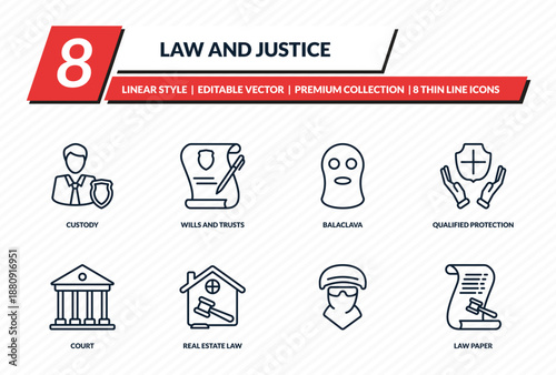 law and justice icons set - custody, wills and trusts, balaclava, qualified protection, law paper outline vector collection.