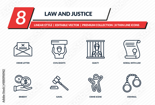 law and justice icons set - crime letter, civil rights, guilty, scroll with law, criminal outline vector collection.
