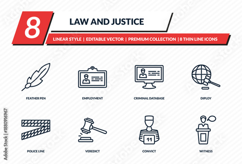 law and justice icons set - feather pen, employment, criminal database, diploy, witness outline vector collection.