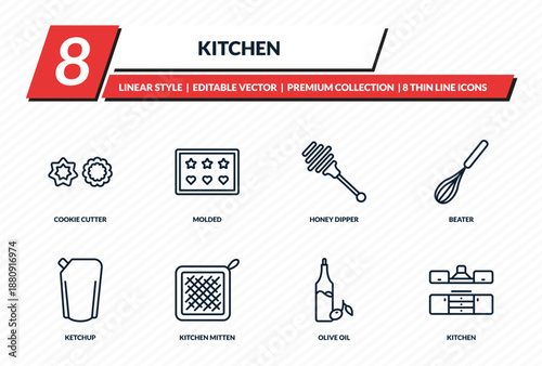 kitchen icons set - cookie cutter, molded, honey dipper, beater, kitchen outline vector collection.