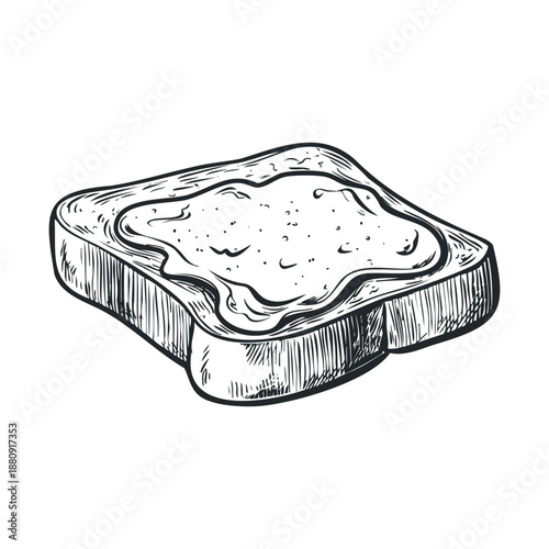 Delicious slice of toast with spread, hand-drawn in a vintage sketch style, perfect for breakfast or snack-related designs and menus.
