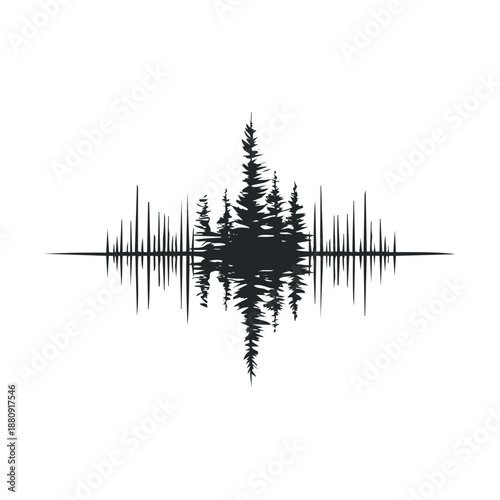 Stylized forest trees forming sound wave graphic illustration, symbolizing the serene connection between natural landscapes and rhythmic audio frequencies.