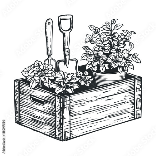 Gardening tools and plants in a wooden crate are neatly arranged, ready for spring planting and cultivating a beautiful home garden.
