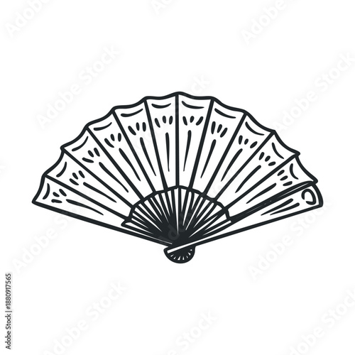 Traditional hand fan, elegantly opened and decorated, is depicted in a simple, artistic doodle style, perfect for cultural or decorative design projects.