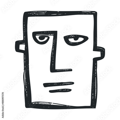 Abstract hand drawn stylized face illustration with a blocky, primitive aesthetic and a neutral expression, rendered in a rough, artistic sketch style.
