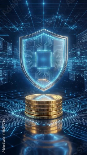 Digital Shield Protecting Gold Coin Stack for Financial Wellness