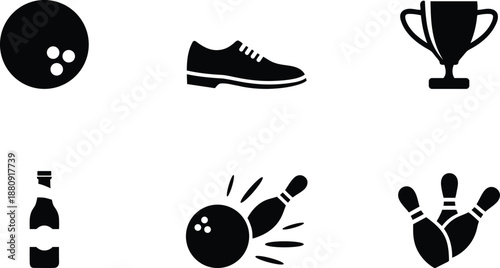 Set of six sport and leisure icons including bowling ball pin trophy shoe and beverage bottle isolated on transparent background
