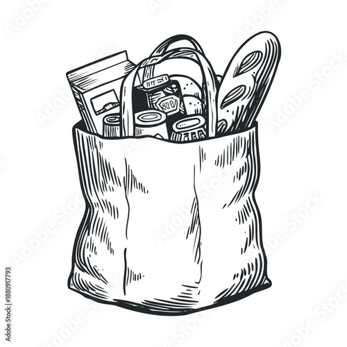 Reusable grocery bag filled with various essential food items like bread, canned goods, and packaged products, depicted in a classic hand-drawn sketch style.