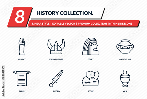 history collection. icons set - mummy, viking helmet, egypt, ancient jar, vase outline vector collection.
