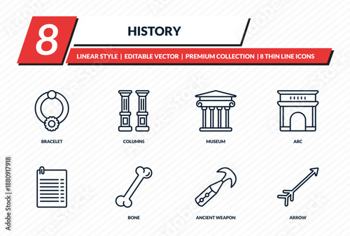 history icons set - bracelet, columns, museum, arc, arrow outline vector collection.