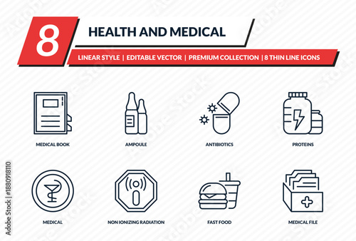 health and medical icons set - medical book, ampoule, antibiotics, proteins, medical file outline vector collection.