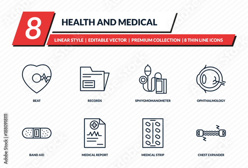 health and medical icons set - beat, records, sphygmomanometer, ophthalmology, chest expander outline vector collection.